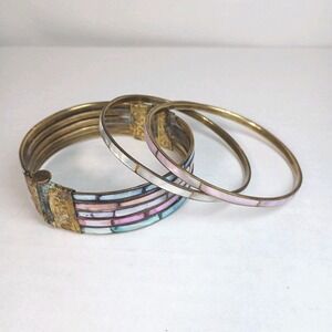 1970 Mother of Pearl Inlay Brass Hinge Bracelet And 2 Bangles Bohemian Style